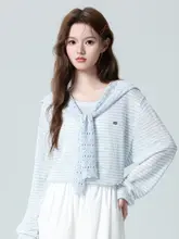 ブルーストライプ長袖Tシャツ【ゆったりシルエット・デザイン感・薄手・カーディガン風】