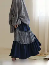 デザイン性のあるデニム切替シフォンロングスカート【秋用・ゆったりシルエット・女性用】（セットアップ対応）