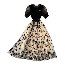 リボン付きニットメッシュチュニックドレス【優雅なフレア・ラウンドネック・ロングスカート】