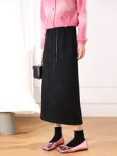 高腰ドローストリング付き長丈スカート【冬用・やさしい雰囲気・レトロ調・ゴムウエスト】