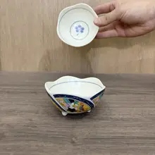 和風レトロ陶器高足小皿【植物デザイン・釉薬仕上げ・小鉢】