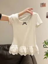 レースフリルデザインの短袖Tシャツ【リボン付き・夏用・女性用】
