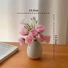 セラミック花瓶とピンクのデイジーの造花【インテリアデコレーション・デスク・リビングルーム・玄関用】