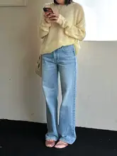 SpenPack 全棉 美式クラシックアイスブルー水洗いストレートレッグ中腰デニムパンツ