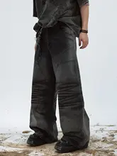 ヴィンテージ風 褶皺デザインストレートデニムパンツ【ウォッシュブラック・フィット・カジュアル】