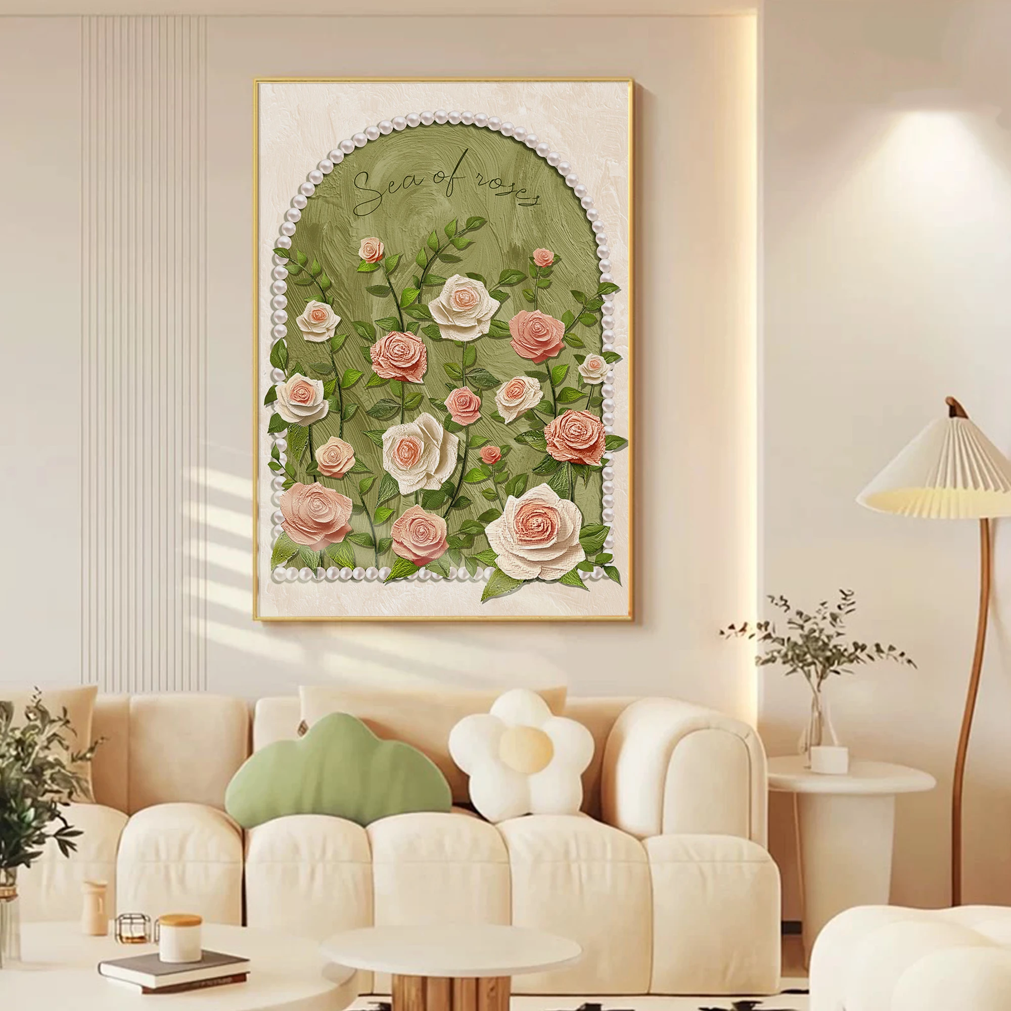高級感ある花柄リビング装飾画：クリーム風のソファ背景に最適なアートキャンバス