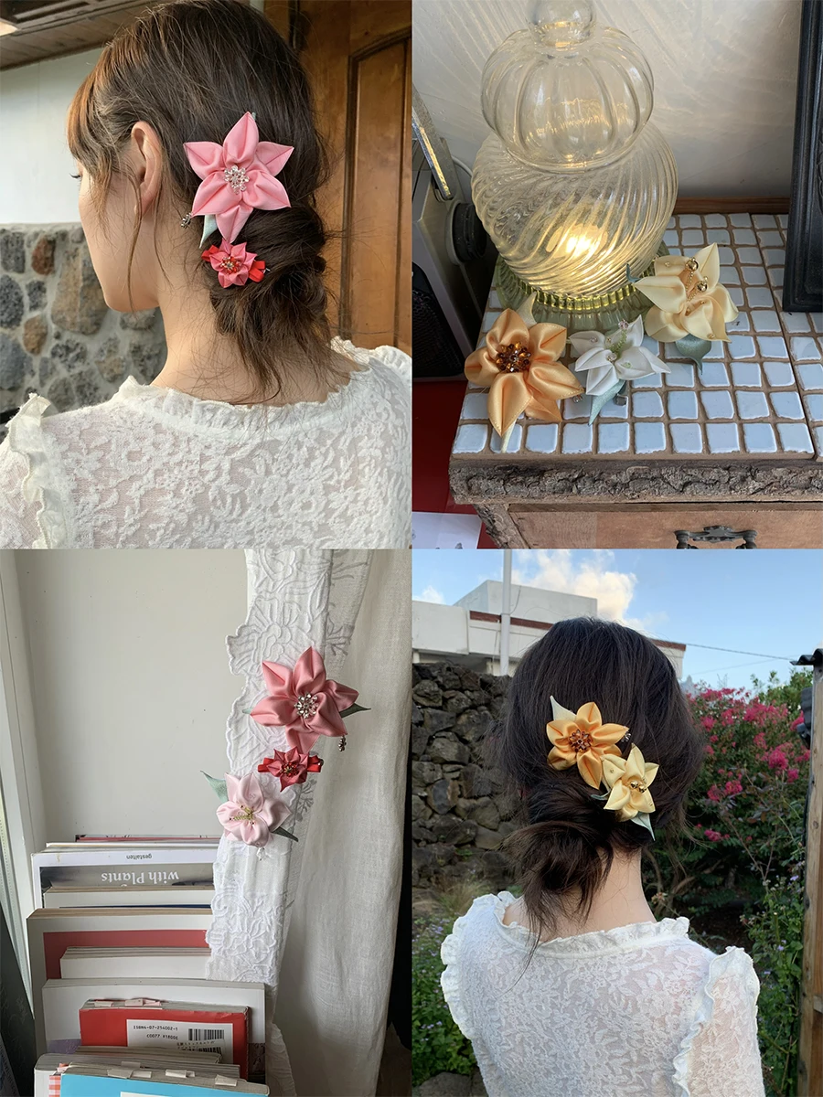 自然なデザインのハンドメイドユリのクリスタル付きヘアクリップ：七五三髪飾り手作りの伝統と現代の融合