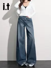 深い青のワイドレッグデニムパンツ【ハイウエスト・ストレート・フィット】