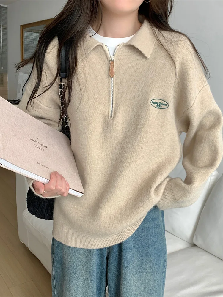 フレンチカジュアル ポロネック 半身ジッパー ワイドニットセーター【秋冬用・厚手・フィット】