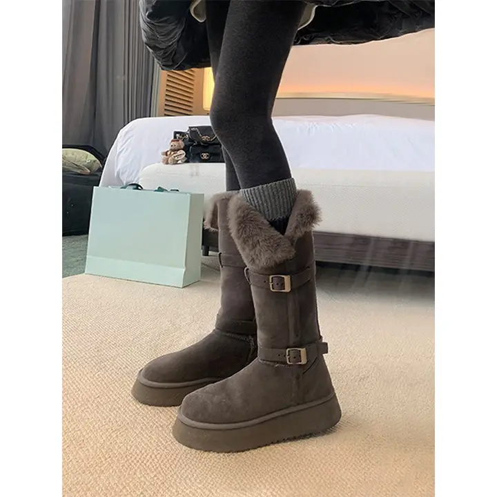 防滑・保温のロング丈雪用ブーツ【極上の柔らかさ・グレー・厚底】