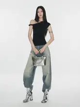 花柄グレーの斜め肩口ねじりTシャツ【女性用・ウエストシェイプ・夏用】