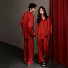 赤色アイスシルクカップル用パジャマセット【春秋用・結婚式・男女兼用・ホームウェア】