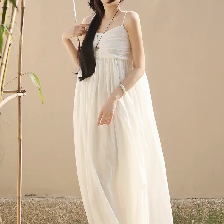 エレガントな二色使いの肩紐付きロングドレス【新中式・文芸風】