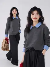 フェイク重ね着セーター 女性 秋 デイリー ニット カラーコントラストデザイン