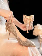 香槟色のリボン付きウェディングシューズ【新婦用・ハイヒール・クリスタル装飾】
