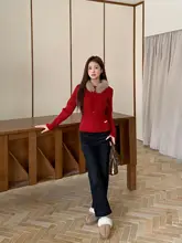 洗練されたデザイン！毛襟付きレッドニットセーター【冬用・修身タイプ】
