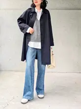 カーキ色 春用 レディースコート【グリーン袖・ゆったりフィット・ミドル丈・フリルデザイン】