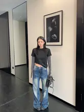 春季アメリカンビンテージ風シースルー重ね着デザインの長袖Tシャツ【女性用・フィット感あり・短丈】（セットアップ対応）