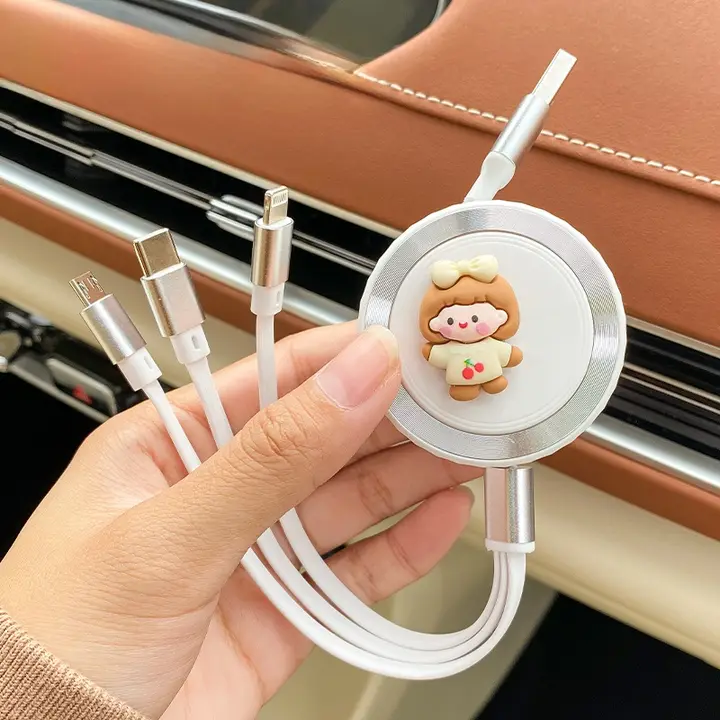 車載充電器3in1【Apple 15・Huawei対応・伸縮式充電ケーブル・多頭タイプ】