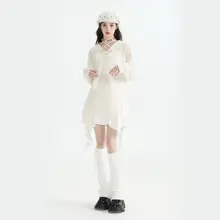 仿貂毛の白色中筒フレアソックス【春夏用・サイドリボン付き】