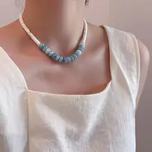 海のような青色の天然石ビーズネックレス【ファッショナブル・ロックボーンチェーン・エレガントなアクセサリー】