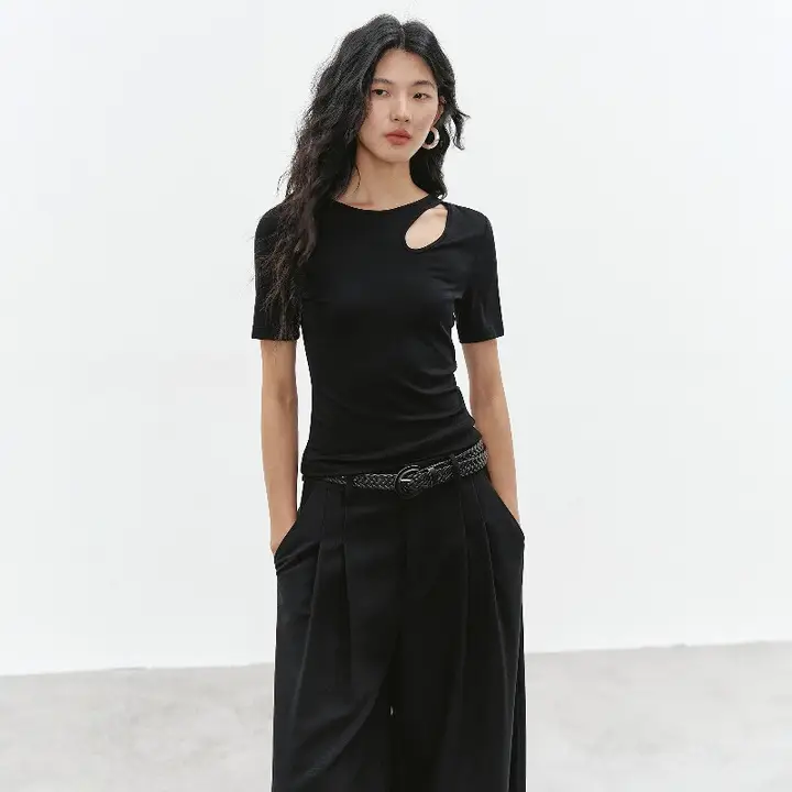 Tシャツ レディース 半袖 リヨセル オープンワーク 接触冷感 スリムフィット 着痩せ デザイン 夏 「EIGHTHMONTH」