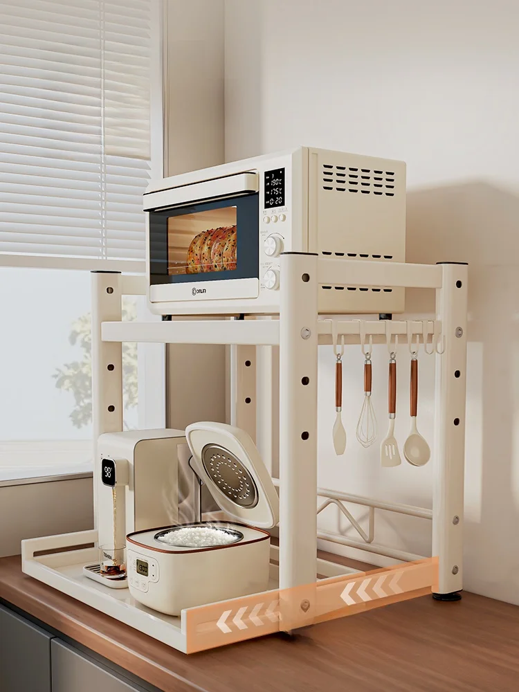 多機能キッチン用収納ラック：引き出し式・電子レンジ・炊飯器用のシンプルで実用的な台面収納解決策