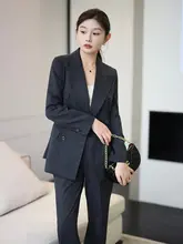ダブルボタン グレー レディースビジネスジャケット【春秋向け・スリムフィット・高級感】