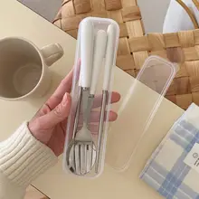 シンプルで便利な携帯用箸とスプーンの三点セット【ステンレス・陶器ハンドル・学生・旅行用】（セットアップ対応）