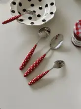赤いドット柄のステンレス製スープスプーン・デザートスプーン【陶器製ハンドル・可愛いデザイン】