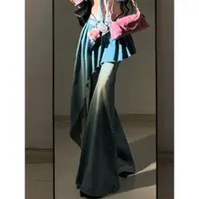 デザイン性のあるフレアデニムパンツ【春用・ウエストリボン・レディース】