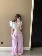 露出腹部デザインの短袖トップス【ポンポン袖・カジュアルスタイル】とウエスト抽紐の長パンツ（セットアップ対応）