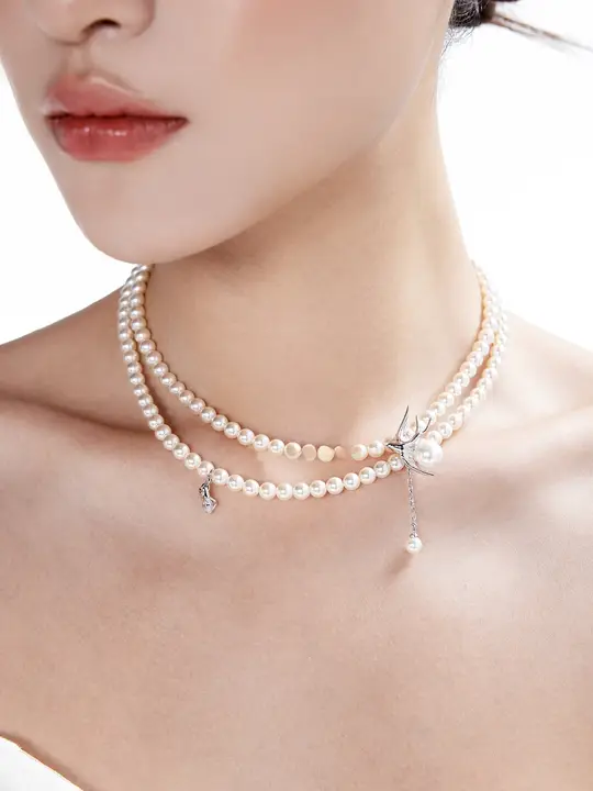 浮U生物 飛鳥シリーズ オリジナルダブルレイヤー真珠小鳥ネックレス【軽奢・燕のペンダント・鎖骨チェーン】