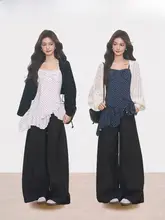 新作の透かし編みニットカーディガンとドット柄ネックレス付きタンクトップ、ワイドパンツ（  セットアップ対応）