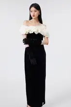 黒のスリットドレス【オフショルダー・ウエストマーク・ミディ丈】