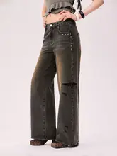 スタッズ付きダメージワイドレッグデニムパンツ【ハイウエスト・フリンジデザイン】