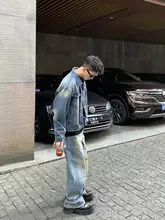 春季用カジュアルデザインデニムジャケット【ゆったりシルエット・長袖】とストレートパンツ（セットアップ対応）