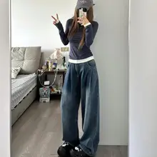 高身長向け アメリカンヴィンテージ風ワイドレッグデニムパンツ【ハイウエスト・ゆったりフィット・ドレープ感】