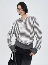 ストライプ柄長袖Tシャツ【天丝リネン混紡・ゆったりシルエット・ラウンドネック】