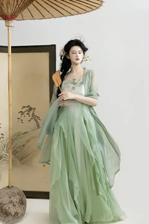 春柳デザインの漢服風レディースドレス【フリル付き・日常使用・春夏対応】