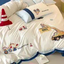 可愛いデザインの長綿製4点セット・カートゥーンの掘削機刺繍入り布団カバー【子供用・純綿】（セットアップ対応）
