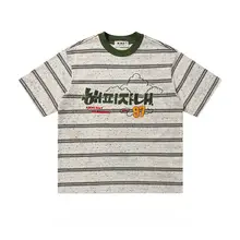 夏用タオル刺繍入りストライプ半袖Tシャツ【カジュアル・ユニセックス・ラウンドネック】（セットアップ対応）
