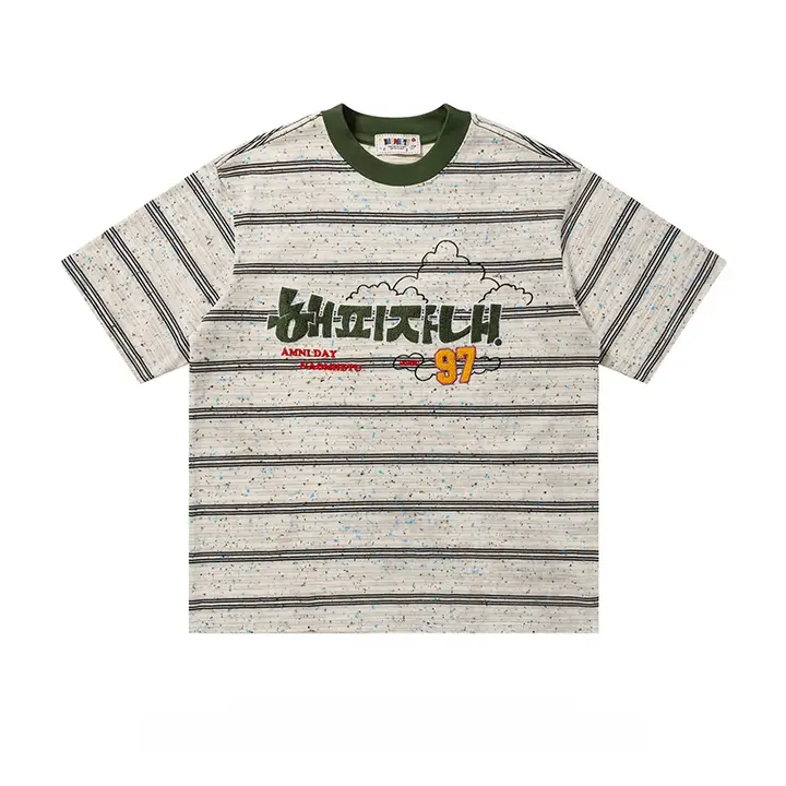 夏用タオル刺繍入りストライプ半袖Tシャツ【カジュアル・ユニセックス・ラウンドネック】（セットアップ対応）