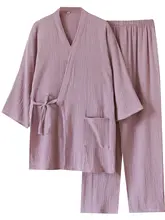 シンプルなカップル用 コットンガーゼ 長袖和服パジャマ【春秋夏用・薄手・ウェア】（セットアップ対応）