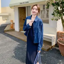 デニムジャケット風ロングドレス【デザイン性高い・ノースリーブ・秋用】（セットアップ対応）