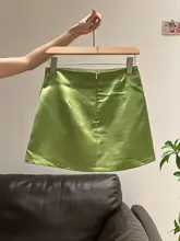 抹茶グリーンのハイウエストジッパー付きフレアスカート【フランス風・女性用・夏用・上品なデザイン】（セットアップ対応）