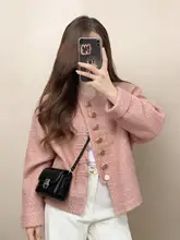 ツイード風 ショートジャケット【春用・ピンク・ボタン付き・小柄向け】