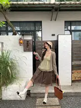 透け感のあるメッシュ切替えブラウンのAラインスカート【梨型体型カバー・夏用】