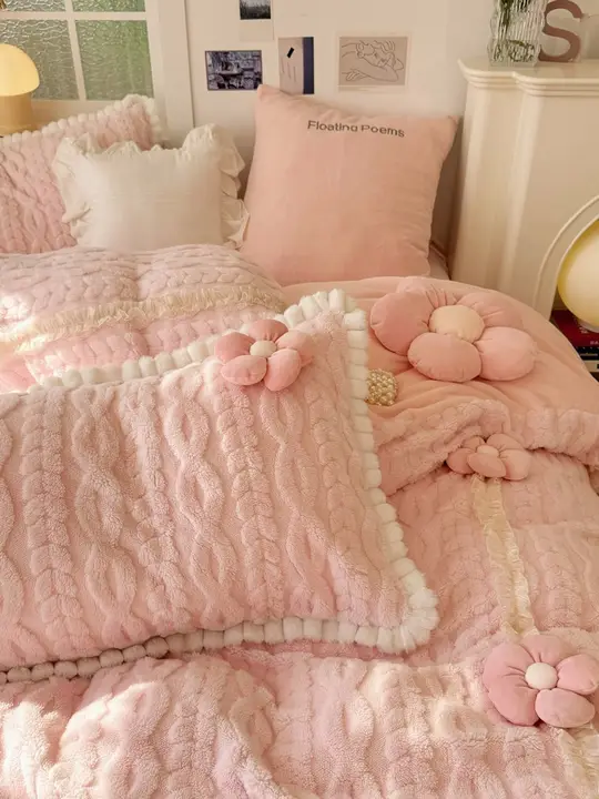 冬用立体フラワーパターンミルクフリース4点セット【加厚・保温・寝具一式】