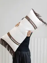  tassel付きロングクッション【米白・オレンジ・ソファ用・ホテル向け】